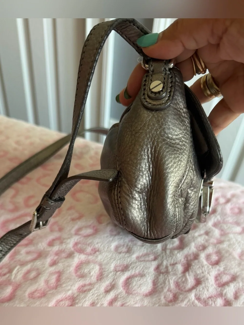 Michael Kors Charlton Small Pebbled Leather  Metallic Silver Color Crossbody Bag